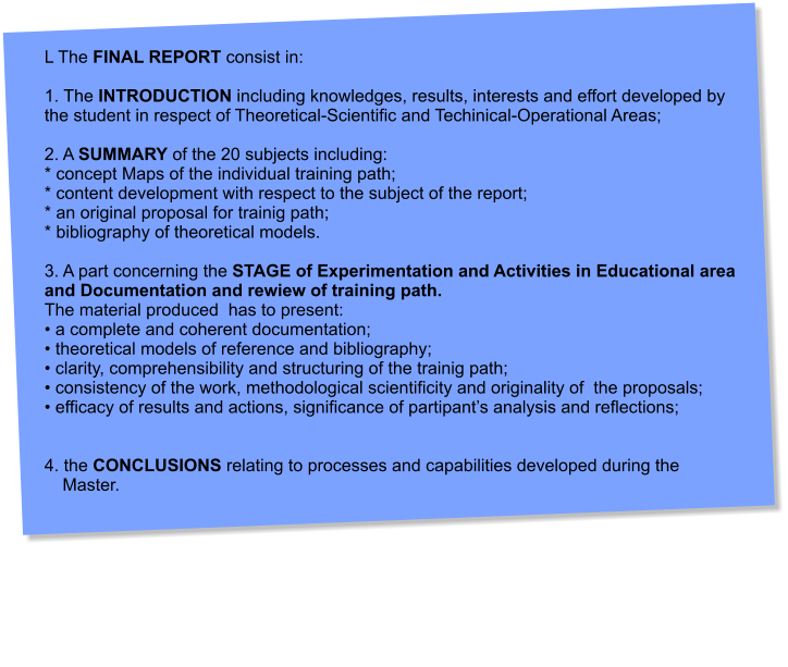 L The FINAL REPORT consist in:   1. The INTRODUCTION including knowledges, results, interests and effort developed by the student in respect of Theoretical-Scientific and Techinical-Operational Areas;   2. A SUMMARY of the 20 subjects including: * concept Maps of the individual training path; * content development with respect to the subject of the report; * an original proposal for trainig path; * bibliography of theoretical models.  3. A part concerning the STAGE of Experimentation and Activities in Educational area and Documentation and rewiew of training path.  The material produced  has to present:  a complete and coherent documentation;  theoretical models of reference and bibliography;  clarity, comprehensibility and structuring of the trainig path;  consistency of the work, methodological scientificity and originality of  the proposals;  efficacy of results and actions, significance of partipants analysis and reflections;   4. the CONCLUSIONS relating to processes and capabilities developed during the Master.