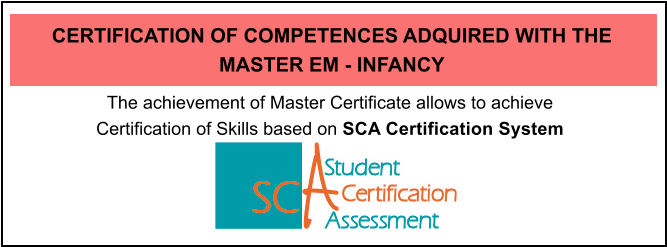 The achievement of Master Certificate allows to achieve Certification of Skills based on SCA Certification System  CERTIFICATION OF COMPETENCES ADQUIRED WITH THE MASTER EM - INFANCY