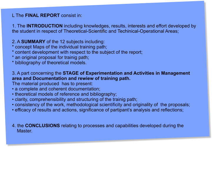 L The FINAL REPORT consist in:   1. The INTRODUCTION including knowledges, results, interests and effort developed by the student in respect of Theoretical-Scientific and Techinical-Operational Areas;   2. A SUMMARY of the 12 subjects including: * concept Maps of the individual training path; * content development with respect to the subject of the report; * an original proposal for trainig path; * bibliography of theoretical models.  3. A part concerning the STAGE of Experimentation and Activities in Management area and Documentation and rewiew of training path.  The material produced  has to present:  a complete and coherent documentation;  theoretical models of reference and bibliography;  clarity, comprehensibility and structuring of the trainig path;  consistency of the work, methodological scientificity and originality of  the proposals;  efficacy of results and actions, significance of partipants analysis and reflections;   4. the CONCLUSIONS relating to processes and capabilities developed during the Master.